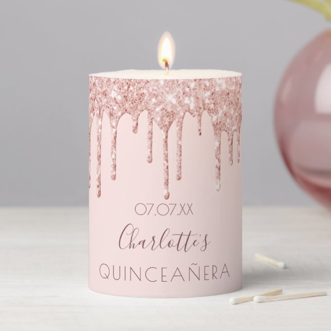 Quinceanera birthday party rose gold glitter drips pillar candle (In Situ)
