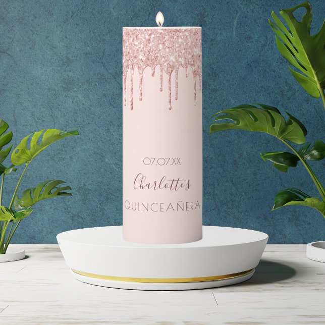 Quinceanera birthday party rose gold glitter drips pillar candle (Creator Uploaded)