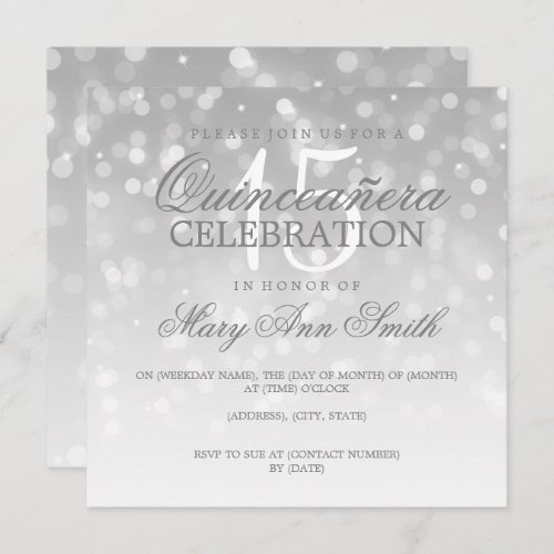 Quinceanera Birthday Party Silver Sparkle Lights Invitation