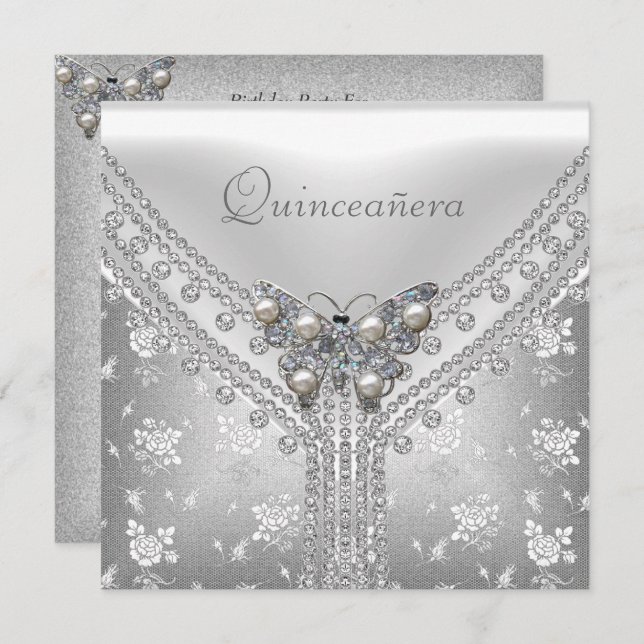 Quinceanera Birthday Party Silver White Butterfly Invitation (Front/Back)