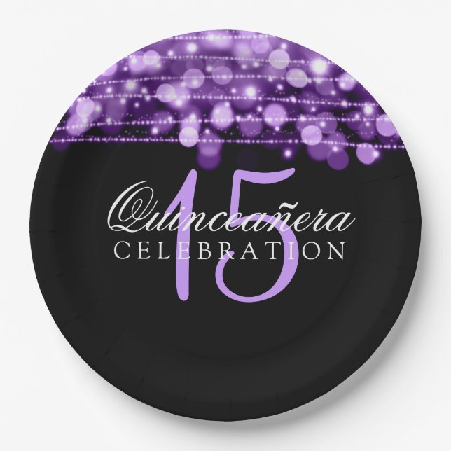 Quinceanera Birthday Party Sparkles Purple Paper Plates (Front)