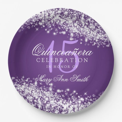 Quinceanera Birthday Party Sparkling Wave Purple Paper Plates