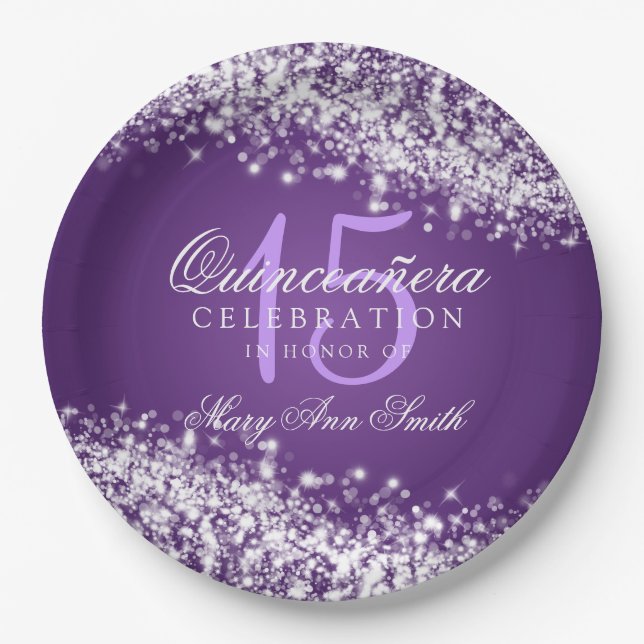 Quinceanera Birthday Party Sparkling Wave Purple Paper Plates (Front)