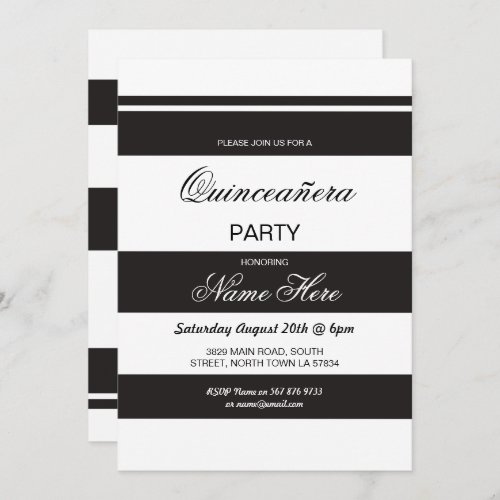 Quinceanera Birthday Party Stripe Black Invite 15