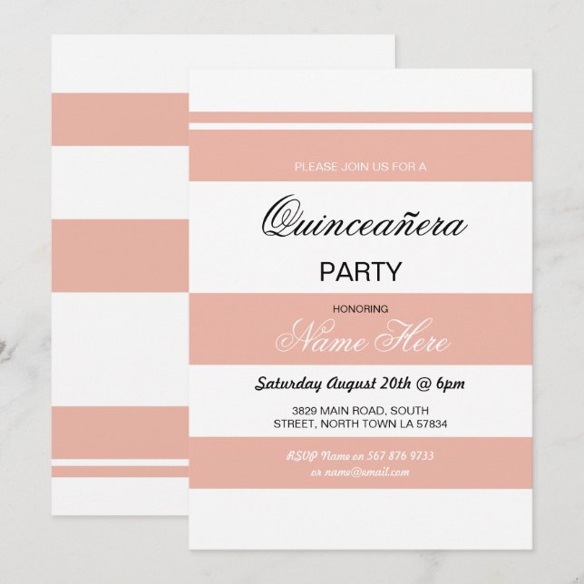 Quinceanera Birthday Party Stripe Coral Invite 15 (Front/Back)