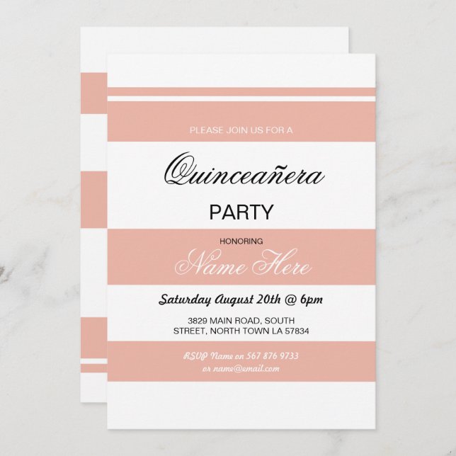 Quinceanera Birthday Party Stripe Coral Invite 15 (Front/Back)