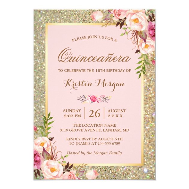 Quinceanera Birthday | Pink Floral Gold Glitters Card