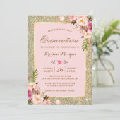 Quinceanera Birthday | Pink Floral Gold Glitters Invitation (Standing Front)