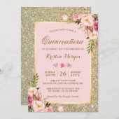 Quinceanera Birthday | Pink Floral Gold Glitters Invitation (Front/Back)
