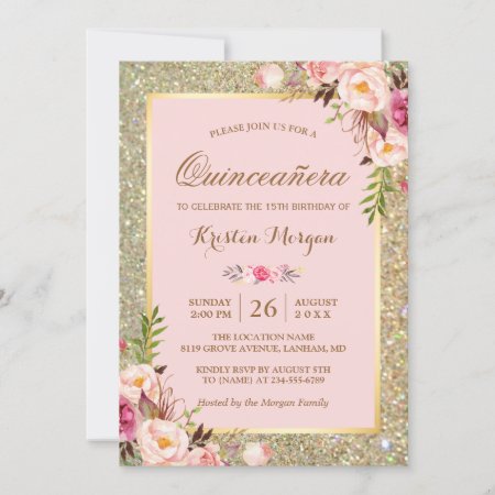 Quinceanera Birthday | Pink Floral Gold Glitters Invitation