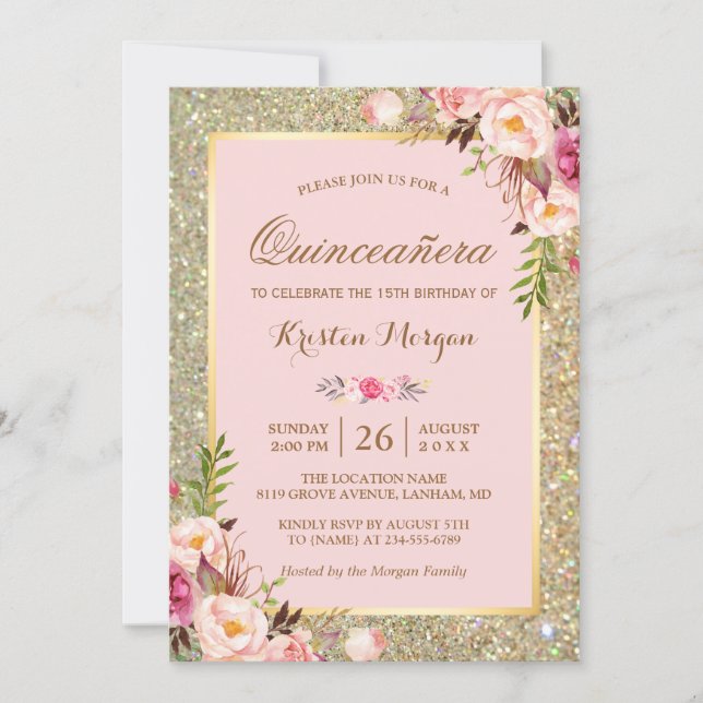 Quinceanera Birthday | Pink Floral Gold Glitters Invitation (Front)