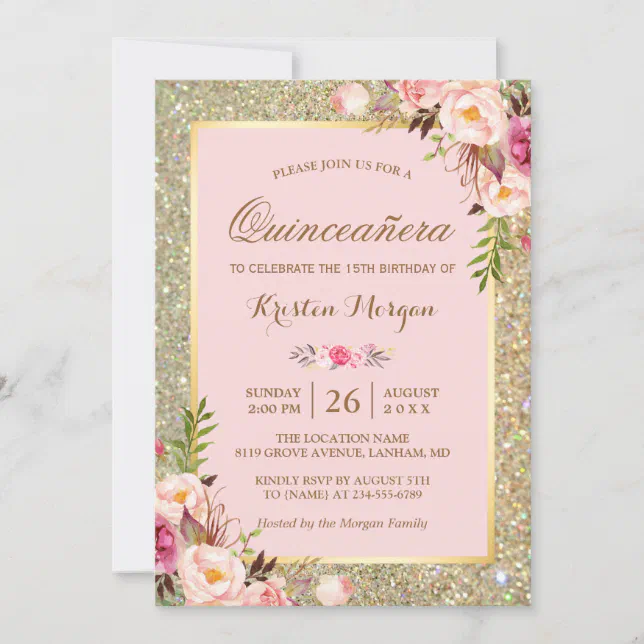 Quinceanera Birthday | Pink Floral Gold Glitters Invitation | Zazzle