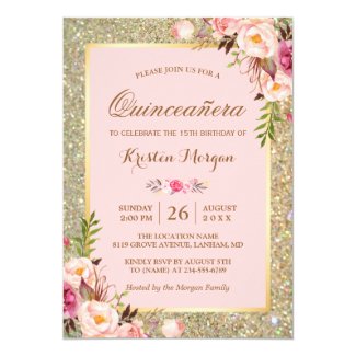 Quinceanera Birthday | Pink Floral Gold Glitters Invitation