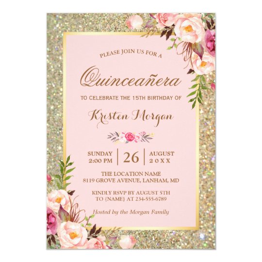 quinceanera birthday pink floral gold glitters invitation zazzle com