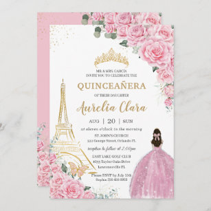Quinceañera Birthday Pink Floral Paris Eiffel Gold Invitation
