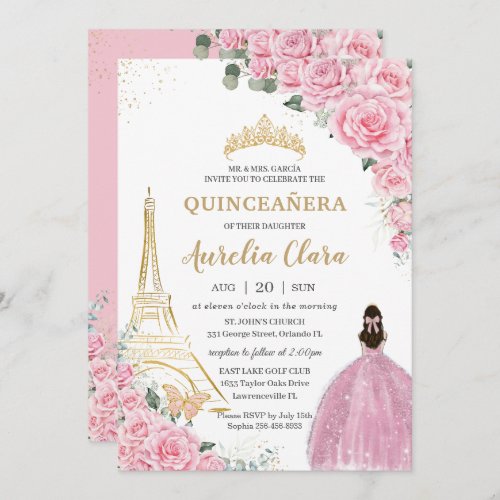 Quinceaera Birthday Pink Floral Paris Eiffel Gold Invitation
