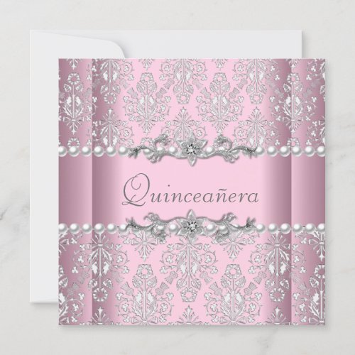 Quinceaera Birthday Pink Silver White Pearl Lace Invitation