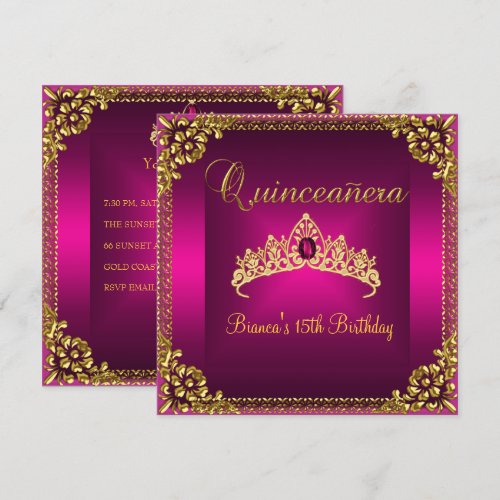 Quinceanera Birthday Pink Tiara Gold Gem Jewel Invitation
