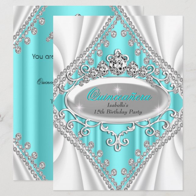 Quinceanera Birthday Princess Teal Diamond Large Invitation (Front/Back)