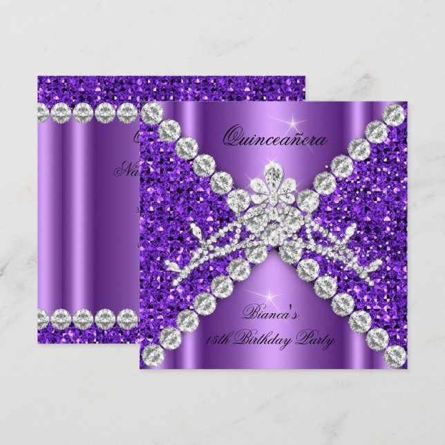 Quinceanera Birthday Purple Glitter Diamonds Tiara Invitation (Front/Back)