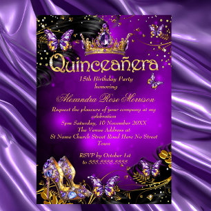 Quinceanera birthday purple Gold Black Butterfly Invitation