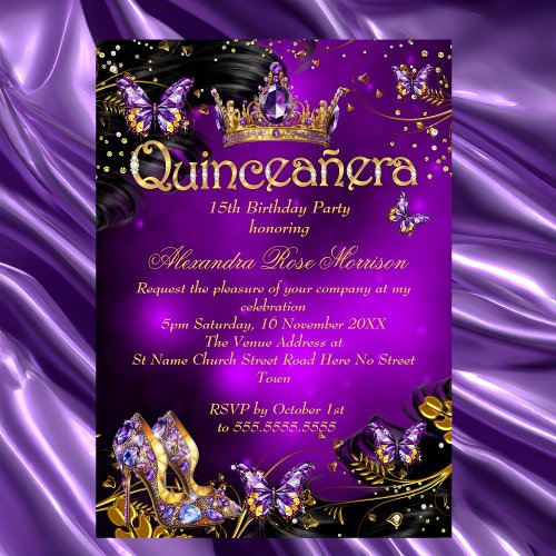 Quinceanera birthday purple Gold Black Butterfly Invitation