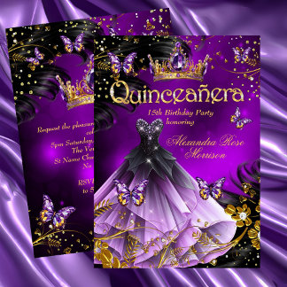 Quinceanera birthday purple Gold Dress Butterfly Invitation