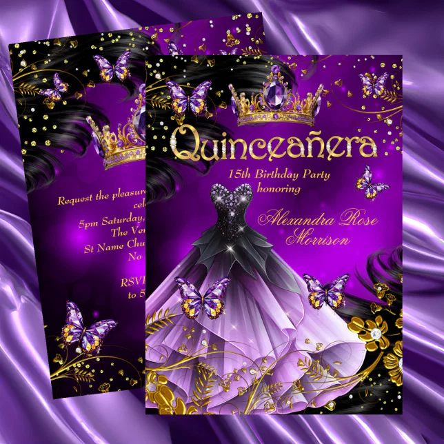 Quinceanera Birthday Purple Gold Dress Butterfly Invitation 