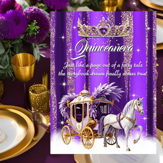 Quinceanera Birthday Purple Gold Silver Carriage Invitation