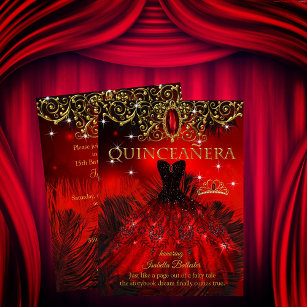 Quinceanera Birthday Red Black Feathers Tiara Gold Invitation