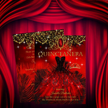 Quinceanera Birthday Red Black Feathers Tiara Gold Invitation by Zizzago at Zazzle