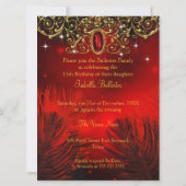 Quinceanera Birthday Red Black Feathers Tiara Gold Invitation (Back)