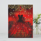 Quinceanera Birthday Red Black Feathers Tiara Gold Invitation (Standing Front)