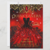 Quinceanera Birthday Red Black Feathers Tiara Gold Invitation (Front)