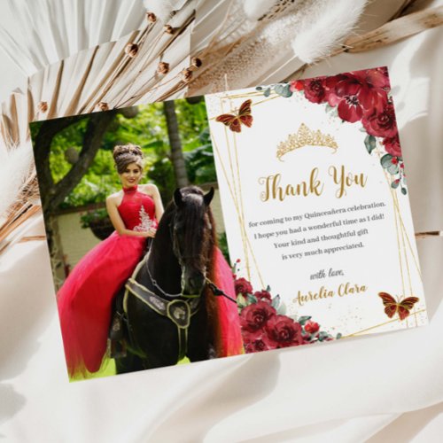 Quincea&#241;era Birthday Red Floral Butterflies Photo Thank You Card
