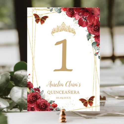 Quinceaera Birthday Red Floral Gold Butterflies Table Number