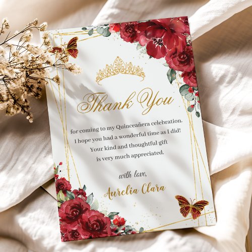 Quinceaera Birthday Red Floral Gold Butterflies Thank You Card