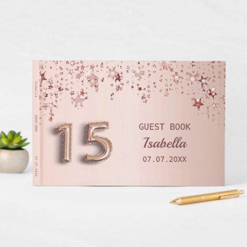 Quinceanera birthday rose gold blush stars guest book