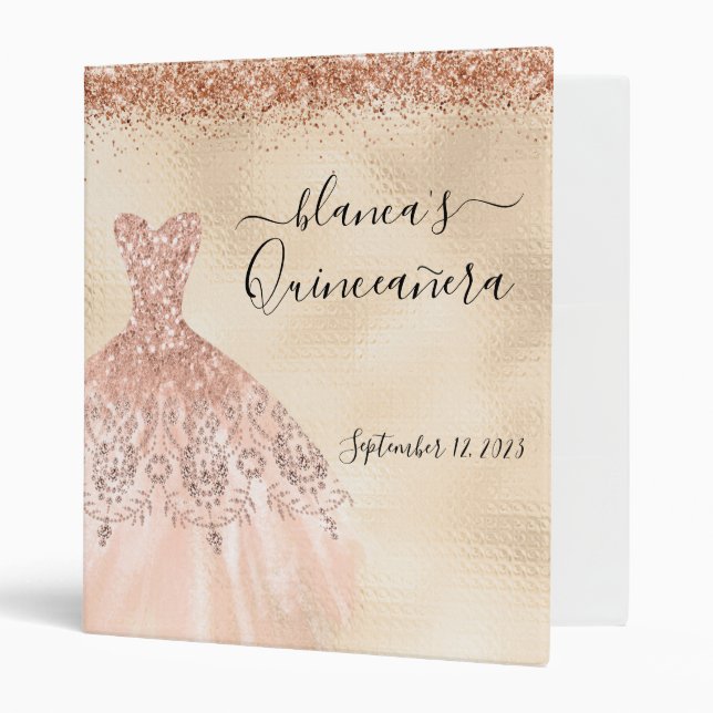 Quinceanera Birthday Rose Gold Dress Champagne  3 Ring Binder (Front/Inside)