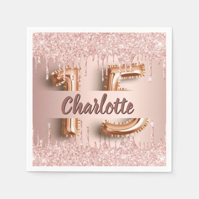 Quinceanera birthday rose gold drips napkins (Front)