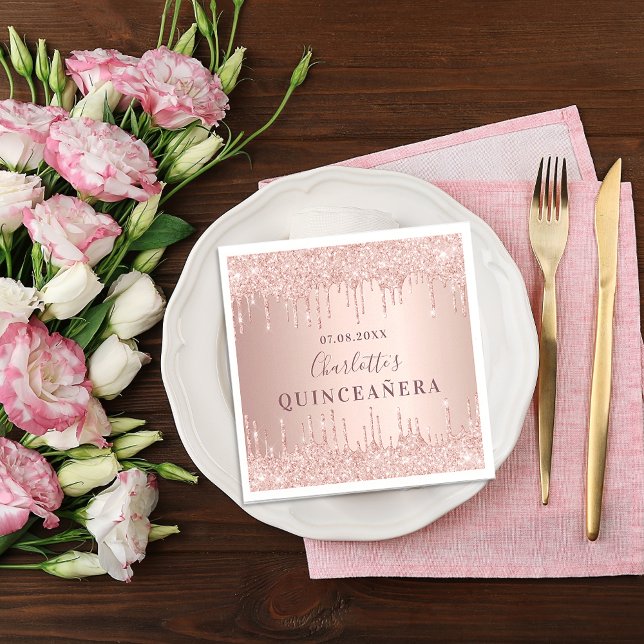 Quinceanera birthday rose gold glitter monogram napkins (Creator Uploaded)