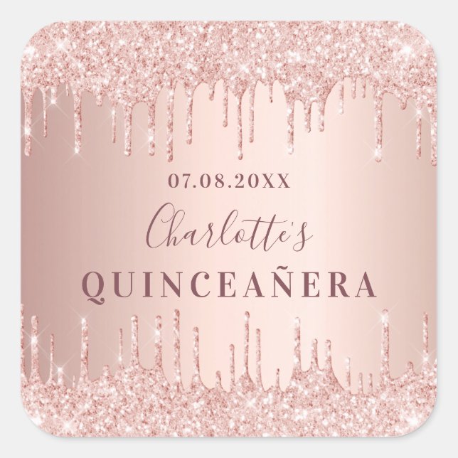 Quinceanera birthday rose gold glitter monogram square sticker (Front)