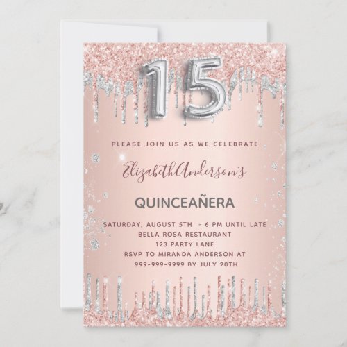 Quinceanera birthday rose gold silver glitter invitation