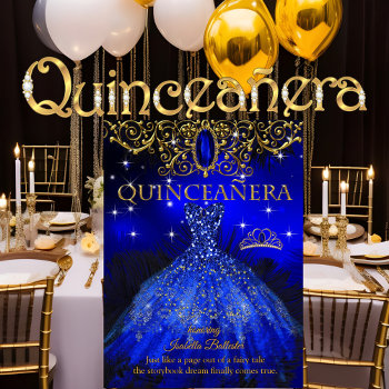Quinceanera Birthday Royal Blue Feather Tiara Gold Invitation by Zizzago at Zazzle