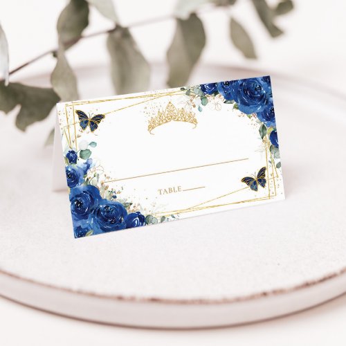 Quinceaera Birthday Royal Blue Floral Butterflies Place Card