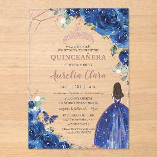Quinceañera Birthday Royal Blue Floral Princess Acrylic Invitations