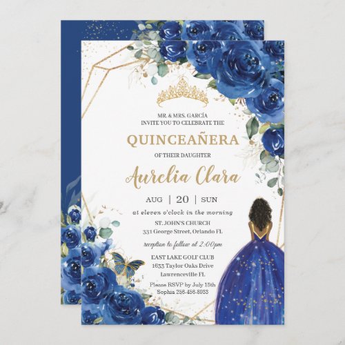 Quinceaera Birthday Royal Blue Floral Princess Invitation