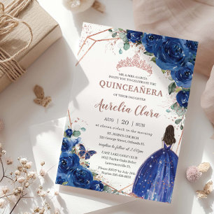 Quinceañera Birthday Royal Blue Floral Princess Invitation