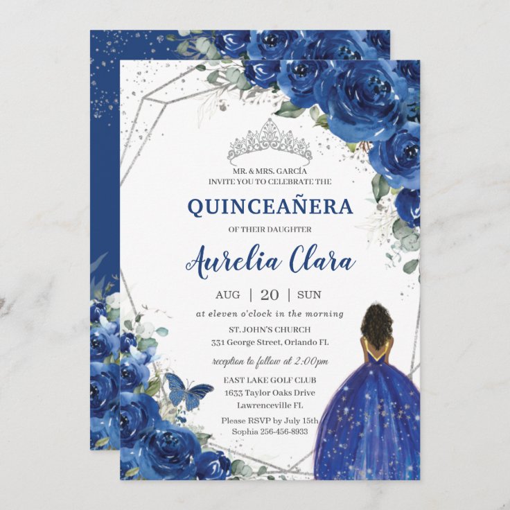 Quinceañera Birthday Royal Blue Floral Princess Invitation Zazzle 1140