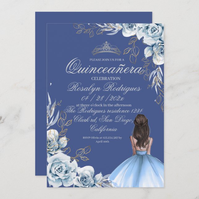 Quinceañera Birthday Royal Blue Invitation (Front/Back)